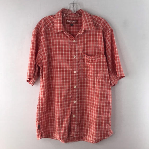 Simms Men's Orange Plaid Short Sleeve Button Front Performance Shirt Size L - Picture 1 of 9